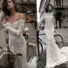 Liz Martinez Vintage Brautkleider im Meerjungfrau-Stil, schulterfrei, lange Ärmel, Brautkleider mit Spitzenapplikationen, rückenfreies Gartenhochzeitskleid