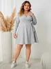 Plus Size Gebreide Gestreepte Damesjurken Lange Mouwen V-hals Effen Gewaad Taille Riem Herfsttakje Jurk Casual Oversized Vrouwelijke Doek 240312