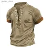 Men's T-Shirts Casual solid color short sleeved T-shirt for mens retro brushed tie rack collar loose top 2023 summer casual mens clothing Q240316