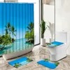 Shower Curtains Blue Ocean Scenery Shower Curtain Tropical Green Plant Palm Tree Boat Resort Home Deco Bath Mat Toilet Cover Bathroom Carpet Set Y240316