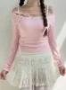 Damen T-Shirts Süße Spitze-up Slash Neck T-shirt Rosa Kawaii Langarm Tops Frühling Casual Y2K Ästhetische Koreanische Nette Kleidung 2024