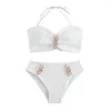 Damesbadmode met strasspaneel, halternek, badpak, bikinitop, kettingdecor, bh, hoge taille, set, sneldrogend, voor dames