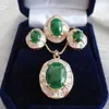 Smaragdgroene Jade 18KGP Zirkonia Hanger Ketting Oorbellen Ring Set236b