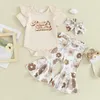 Set di abbigliamento Born Infant Baby Girl Abiti estivi Manica corta Divertente Lettera Pagliaccetto Pantaloni a zampa floreale Fascia per capelli Coming Home Outfit 3 pezzi