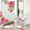 Rideaux de douche Rideau de douche fleur rose papillon oiseau plante feuille aquarelle rurale art tapis antidérapant couverture de toilette ensemble de tapis de sol lavable Y240316