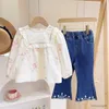 Clothing Sets 2023 autumn new ruffled girls printed shirts long-sleeved blouse + embroidered jeans Pants two-piece clothes suit