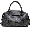 Trekkoord Motingsome Hoge kwaliteit kalfsleer casual draagtas voor dames Retro bloempatroon schouderhandtas Vintage dames lederen tas