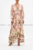 Casual Dresses Women Bohemian Style V Neck Heavy Nail Beaded Retro Pink Flower Print Multi-layer Ruffles Edge Maxi Silk Dress