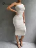Dressmecb biała podwójna warstwowa siatka sukienki midi dla kobiet jedno ramię w plecy Rucha letnia sukienka Sexy Club Party Vestidos 240313