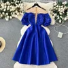 Basic Casual Dresses Elegant Patchwork Sheer Gauze Puff Short Sle Dress Chic Party A-line Vestidos High Waist Basic Women Autumn Winter DressC24315