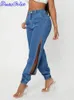 DenimColab Mode Seite Von Bein Split Frauen Jeans Lose Harem Hosen Damen Krawatte Füße Streetwear Jeans Casual Denim Hosen 240301