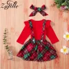 Dresses ZAFILLE Baby Girl Christmas Clothes Red Romper Bodysuit+Bow Plaid Skirts My First New Year Costume Baby Christmas Outfits