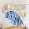 Clothing Sets Summer Girls Clothing Sets fashion Lapel Pocket Denim Puff Sleeve Top + Skirt 2Pcs Baby Kids Clothes Suit Children Clothing