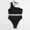 Maillots de bain pour femmes Sexy Bikini Set élégant une épaule avec taille haute slip de bain couleur unie maillot de bain maillots de bain pour l'été