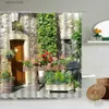Shower Curtains Antique Stone Wall house American Urban Rural Street View Shower Curtain Flower Green Plant Bathroom With Hook Waterproof Screen Y240316