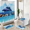 샤워 커튼 3D 바다 디자인 돌고래 고래 동물 샤워 커튼 바다 경치 장식 비 슬립 욕조 매트 화장실 커버 플란넬 욕실 카펫 세트 Y240316