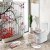 Douchegordijnen 3D Printing Chinese Bloem en Vogel Inkt Landschap Douchegordijn Set Woondecoratie Badmat Wc-hoes Flanel Badkamer Tapijt Y240316