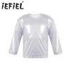 Kids Shiny Metallic T Shirts Children Boys Girls Long Sleeve Loose Dance Crop Tops for Stage Performance Party Costumes Tanks 240313