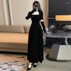 Casual Dresses 2024 Elegant Winter Velvet Long Party Dress French High Quality Women Square Collar Slim midja Fullärmad Evening Vestidos