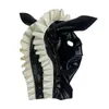 Bras sätter Monnik Latex Funny Rubber Horse Mask Hood med vit trim och bakre dragkedja handgjorda för Cosplay Party Clubwear bodysuit