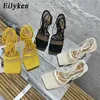 Eilyken Sexy maille pompes sandales femme bout carré talon haut à lacets croisé Stiletto creux robe chaussures Zapatos Mujer 240304