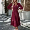 Casual Dresses Spring Autumn Blue Long Women Fashion V Neck Ruffled Dress Ladies Elegant Loose Puff Sleeve Maxi