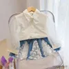 衣類セット秋の女の子の服セットフレンチシャツ +3次元蝶のデニムスカート2pcsベビーキッズ服スーツ服装