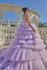 Kaskadowe warstwy liliowe fioletowe sukienki wieczorowe seksowne linia spaghetti v szyja otwarte marszki na balowe sukienki Formalne vestidos BC18389