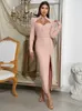 Casual Dresses Elegant Pink Long Sleeve Bandage for Women Sexig spets lapptäcke Split bodycon Runway Celebrity Evening Party Maxi Dress