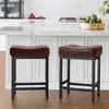 Bar Stools Set of 2, Counter Height 24" Barstools, Modern Upholstered Counter Stool, PU Leather Backless Saddle Stool for Kitchen Island or Home Bar, Brown