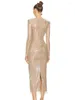 Casual Dresses Women Luxury Sexig långärmad nyckelhål Mesh -paljetter Sparkly Midi -klänningar klänning 2024 Elegant Evening Party Club Vestido