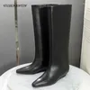 Botas femininas joelho alto deslizamento em couro preto moda cavaleiro apontado dedo do pé baixo simples e confortável botas femininas