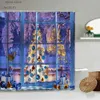 Shower Curtains Christmas Shower Curtain Set Beautiful Window View Winter Snow Scenery Xmas Tree Retro Wooden House Cute Snowman Bathtub Screens Y240316