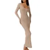 Casual Dresses Women's Bodycon Lounge Dress Solid Color Ribbed Square Neck Long Sleeve Ankle Length