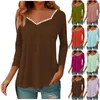 Kvinnors T-skjortor Lace V Neck Blus Women Casual Long Sleeve T-shirt Solid Color Pleated Hem Loose Pullovers Bottom Skjorta Knitwear Top