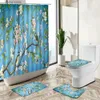 Shower Curtains Modern Chinese Floral Bird Shower Curtain Trees Branches Leaves Butterfly Pastoral Style Pedestal Rug Toilet Cover Bathroom Set Y240316