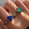 Cluster Rings Hoyon Vintage Thai Silver Ring Morandi Blue Mint Green Stone Kvinnliga Färgglada skatt Kvinnor för festsmycken gåvor