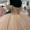 Blush Pink Crystal Beading Illusion Ball Gown Quinceanera Dresses Off the Shoulder Appliques Corset Sweet 15 Vestidos De 15 Anos