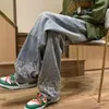 Fashion Flame Embroidery Mens Jeans Neutral Wide Leg Denim Trousers Loose Straight Jeans Youth Casual Baggy Hip Hop Pants 2023 240314