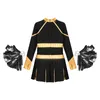 Kids Girls Cheerleading Uniform Dance Costume Glittery Rhinestones Metallic Long Sleeve Pleated Dress with 2Pcs Hand Flowers 240305