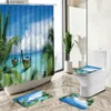 Rideaux de douche Océan Tropical Plante Verte Paysage Rideau De Douche Palmier Tung Arbre Dauphin Été Plage Paysage Tapis Couverture De Toilette Salle De Bain Déco Ensemble Y240316