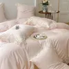 Bedding Sets Luxury Light Pink Lace Embroidery Princess Set Korean Style Egypt Cotton Solid Quilt/Duvet Cover Bed Sheet Pillowcases