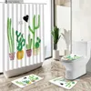 Cortinas de chuveiro Tropical Cactus Suculenta Impressão Verão Banheiro Cortina de Chuveiro Conjunto Verde Planta Flor Pena Antiderrapante Pedestal Rug Toilet Cover Y240316