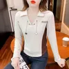 Women's Polos White T Shirts Long Sleeve Polo Neck Clothes Shirt Crop V Korean Style Offer Synthetic Cute Top Cotton