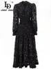 LD LINDA DELLA Fashion Runway Black Dres Vneck Lantern sleeve Hollow out Embroidery Vintage Party Midi Dress 240313