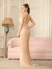 BABYONLINE Gold Sequin Prom Gown Thighhigh Split Strappy Laceup on Open Back Floor Sweeping Train Evening Party Dress 240305