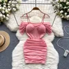 Party Dresses Foamlina Sexy Spaghetti Strap Mesh Bodycon Dress Women Summer Cold Shoulder Short Sleeve Chest Padded Slim Club Mini