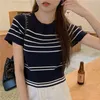 Summer Plus Size 3xl Stripe Short Sleeve Knitted Sweaters Korean Loose Oneck Streetwear Pullover Sweater Simple Women Clothing 240304