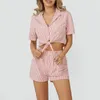 Kvinnors spårdräkter Kvinnor Pyjamas Set 2 stycken Loungewear Suits Stripe Front Tie Knot Kort ärm Skjortor Skärna Toppar och shorts sömnkläder