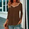 Kvinnors T-skjortor Lace V Neck Blus Women Casual Long Sleeve T-shirt Solid Color Pleated Hem Loose Pullovers Bottom Skjorta Knitwear Top